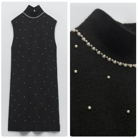 Zara Pearl Trim Knit Sweater Mini Dress Size Large Blogger's Fav - Picture 3 of 13